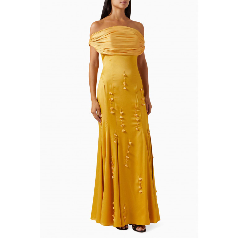 NASS - Draped Off-shoulder Maxi Dress in Satin Yellow