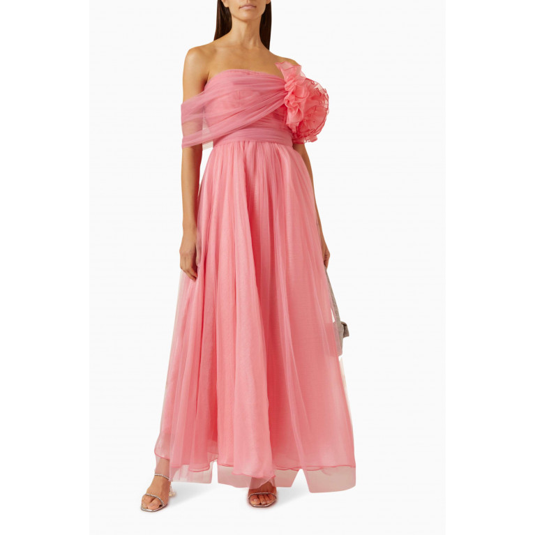 Amri - Draped Off-shoulder Maxi Dress in Tulle Pink