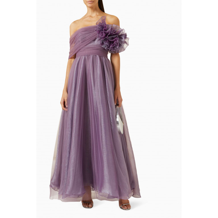 Amri - Draped Off-shoulder Maxi Dress in Tulle Purple