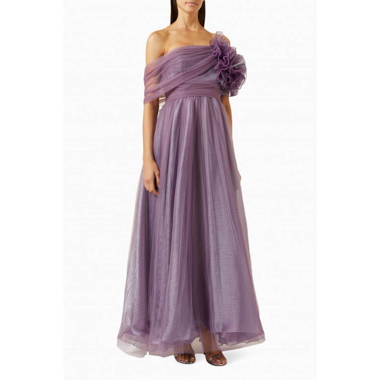 Amri - Draped Off-shoulder Maxi Dress in Tulle Purple