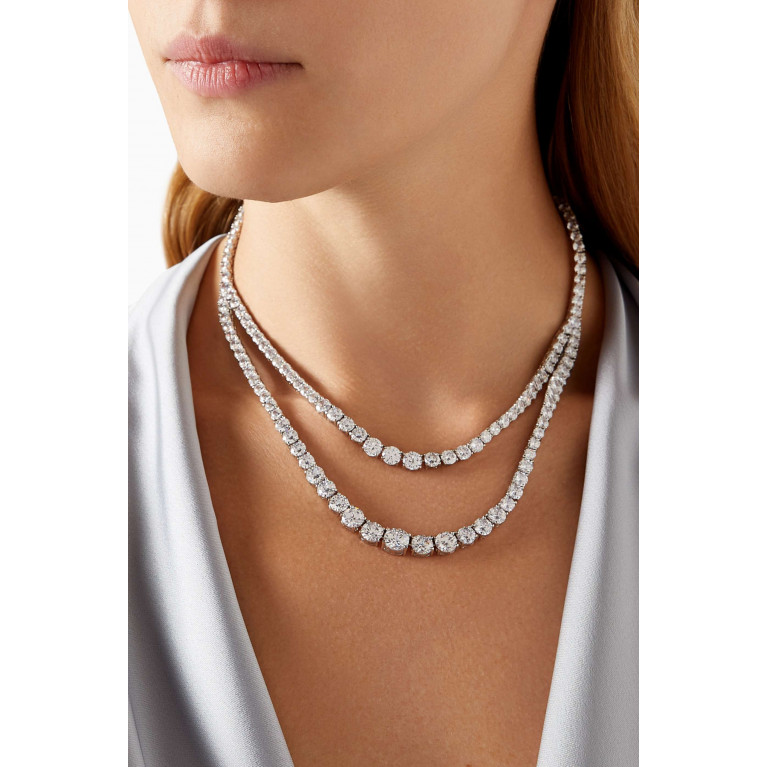 CZ by Kenneth Jay Lane - Layered Tennis Necklace in Rhodium-plated Brass