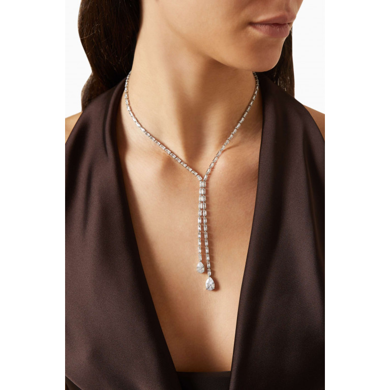CZ by Kenneth Jay Lane - Baguette Pear Drop Y Necklace in Rhodium-plated Brass