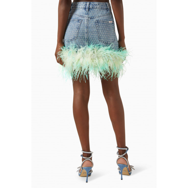 Self-Portrait - Rhinestone-embellished Feather Mini Skirt in Denim