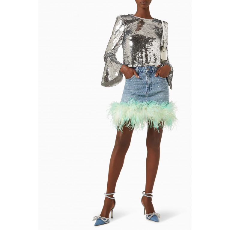 Self-Portrait - Rhinestone-embellished Feather Mini Skirt in Denim