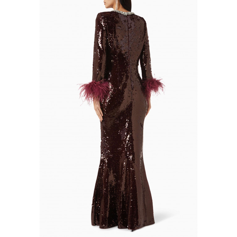 Self-Portrait - Embellished Feather Maxi Dress in Sequin