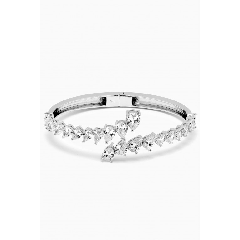CZ by Kenneth Jay Lane - Pear Open Crossover Bangle in Rhodium-plated Brass