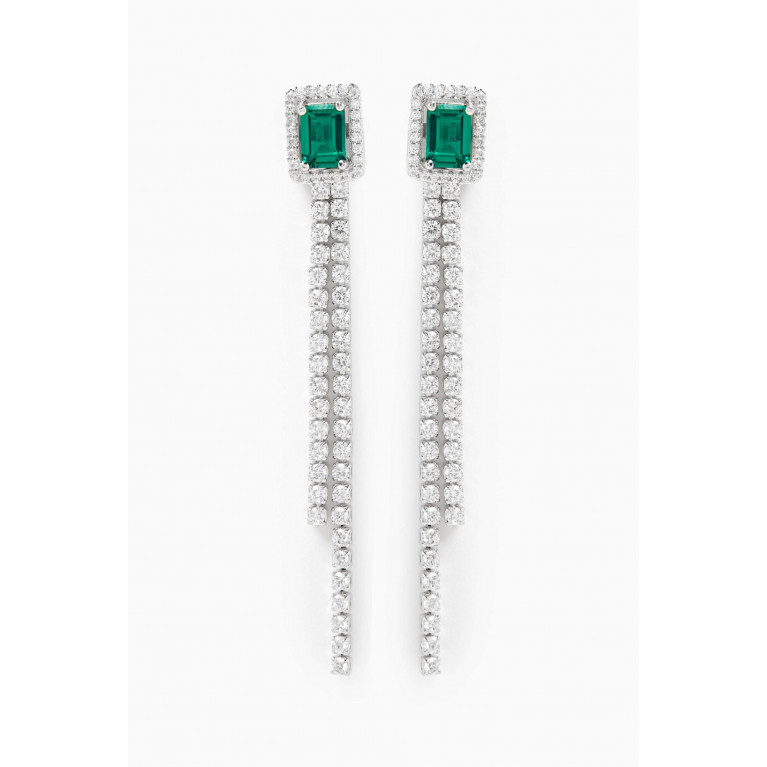 CZ by Kenneth Jay Lane - Emerald & Pave Fringe Earrings in Rhodium-plated Brass