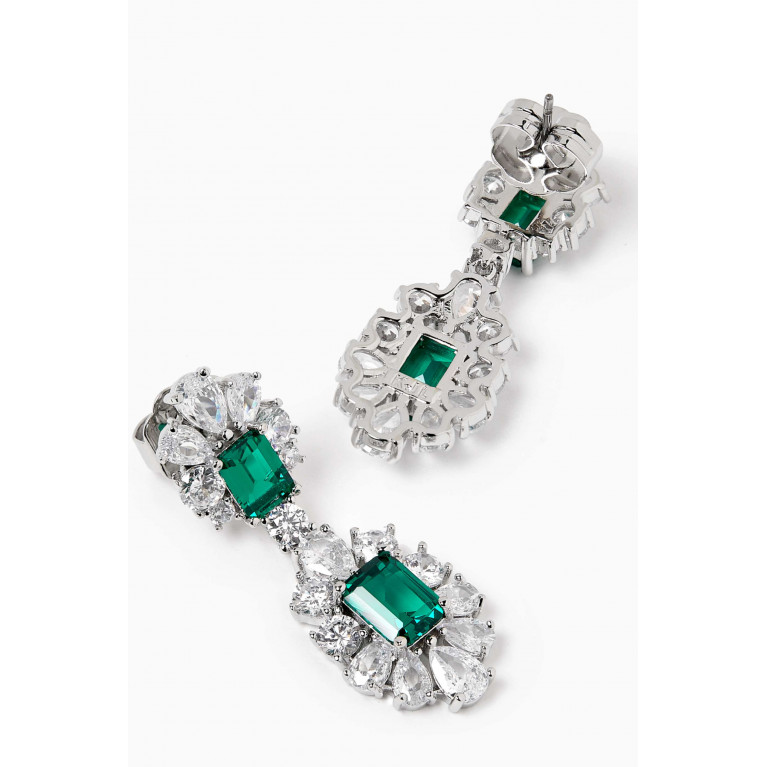 CZ by Kenneth Jay Lane - Emerald Pear Halo Drop Earrings in Rhodium-plated Brass