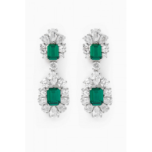 CZ by Kenneth Jay Lane - Emerald Pear Halo Drop Earrings in Rhodium-plated Brass