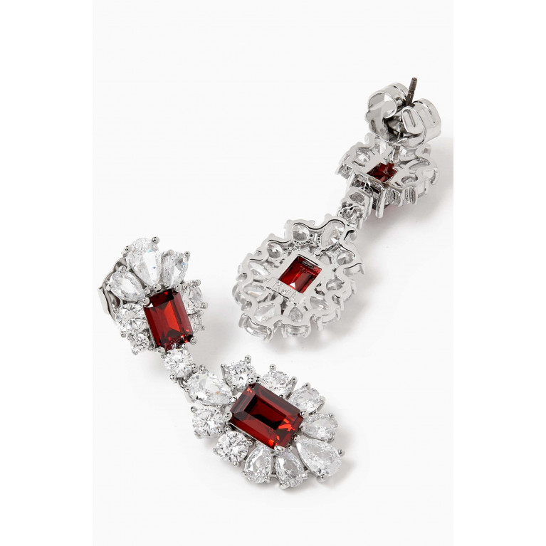CZ by Kenneth Jay Lane - Emerald Pear Halo Double Drop Earrings in Rhodium-plated Brass Red