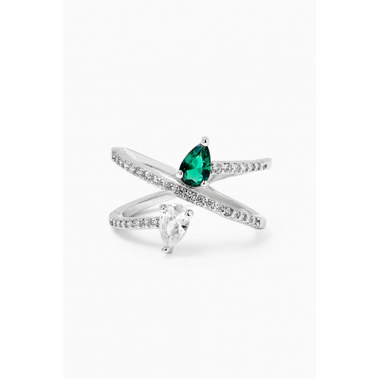 CZ by Kenneth Jay Lane - Pave X Wrap Pear Ring in Rhodium-plated Brass