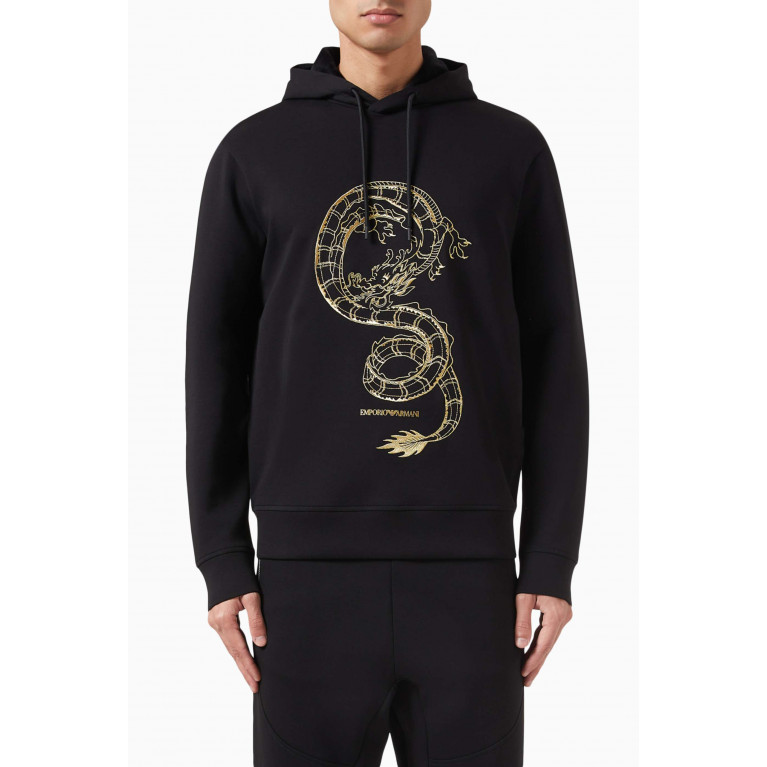 Emporio Armani - EA Logo Dragon Print Hooded Sweatshirt in Cotton Jersey Black