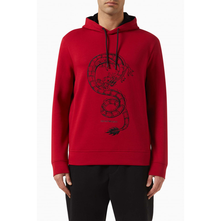 Emporio Armani - EA Logo Dragon Print Hooded Sweatshirt in Cotton Jersey Red
