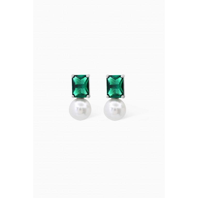 Tai Jewelry - Emerald-cut Crystal & Pearl Drop Earrings in Sterling Silver Green