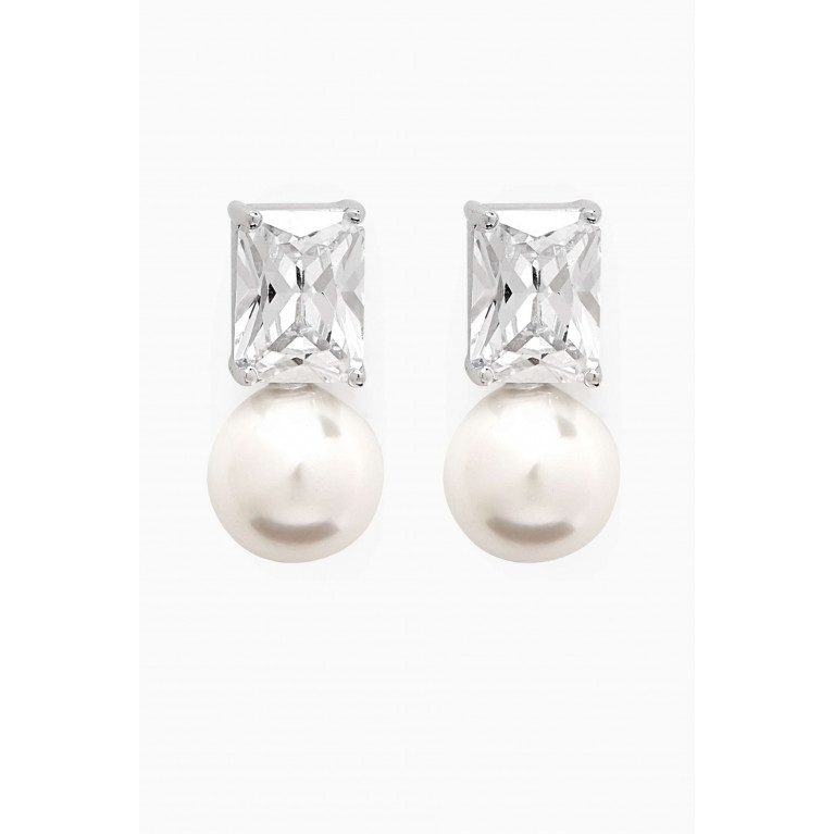 Tai Jewelry - Emerald-cut Crystal & Pearl Drop Earrings in Sterling Silver Silver