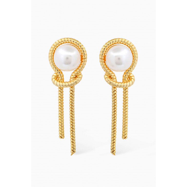 Tai Jewelry - Knotted Pearl Chain Earrings in Gold-plated Brass