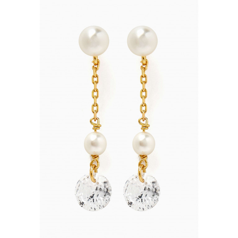 Tai Jewelry - Pearl & Crystal Linear Earrings in Gold-plated Brass