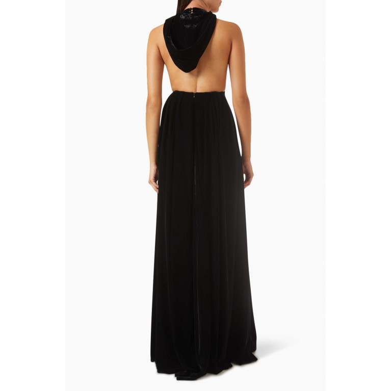 Elisabetta Franchi - Hooded Halterneck Maxi Dress in Velvet Black
