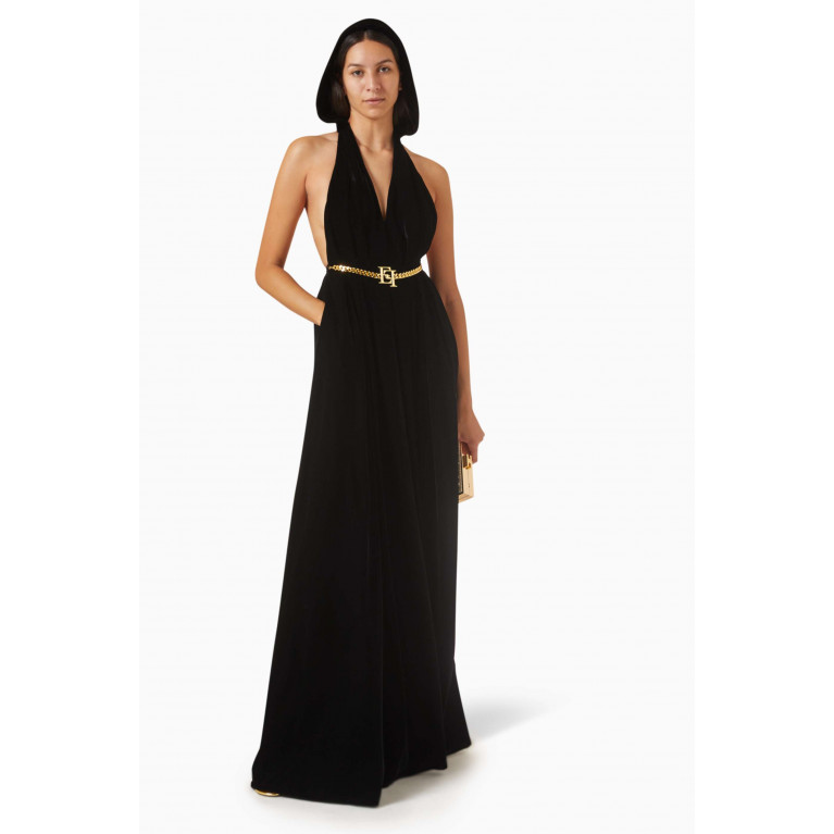Elisabetta Franchi - Hooded Halterneck Maxi Dress in Velvet Black