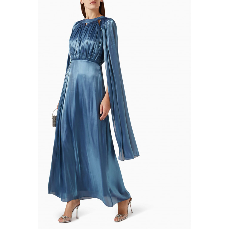 Amri - Pleated Cape-sleeve Maxi Dress Blue