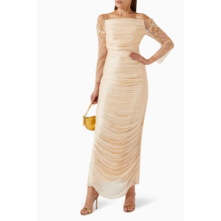 Amri - Embroidered Off-shoulder Draped Maxi Dress Neutral