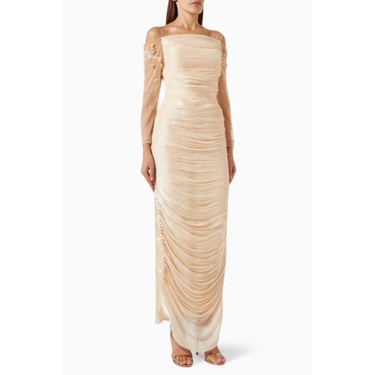 Amri - Embroidered Off-shoulder Draped Maxi Dress Neutral