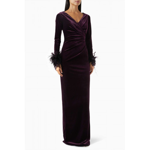 Teri Jon - Feather-trim Gown in Velvet