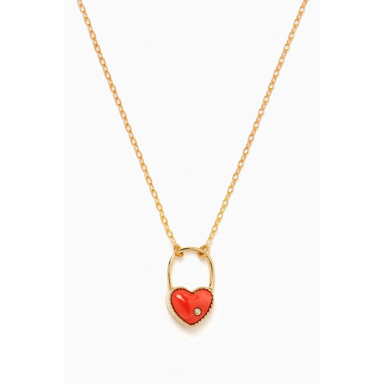 Yvonne Leon - Padlock Heart Coral & Diamond Pendant Necklace in 9kt Gold