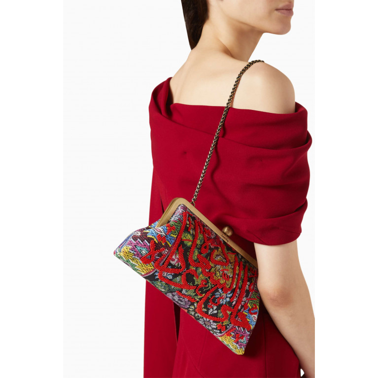 Sarah's Bag - Calligraphy Beaded Clutch in Floral Jacquard Canvas