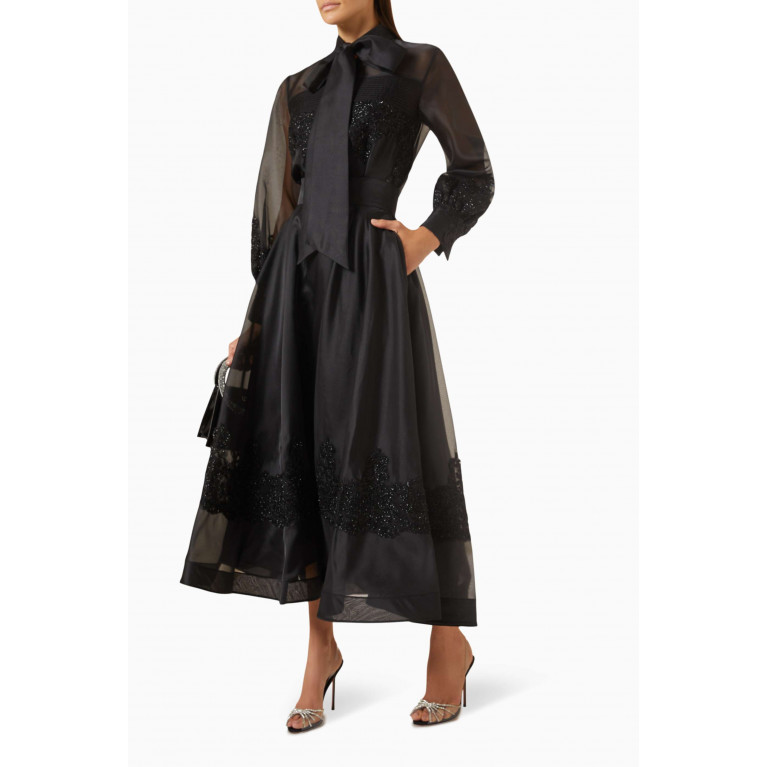 Gizia - Lace-embroidered Midi Skirt in Organza Black