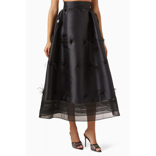 Gizia - Feather-embellished Midi Skirt in Organza Black