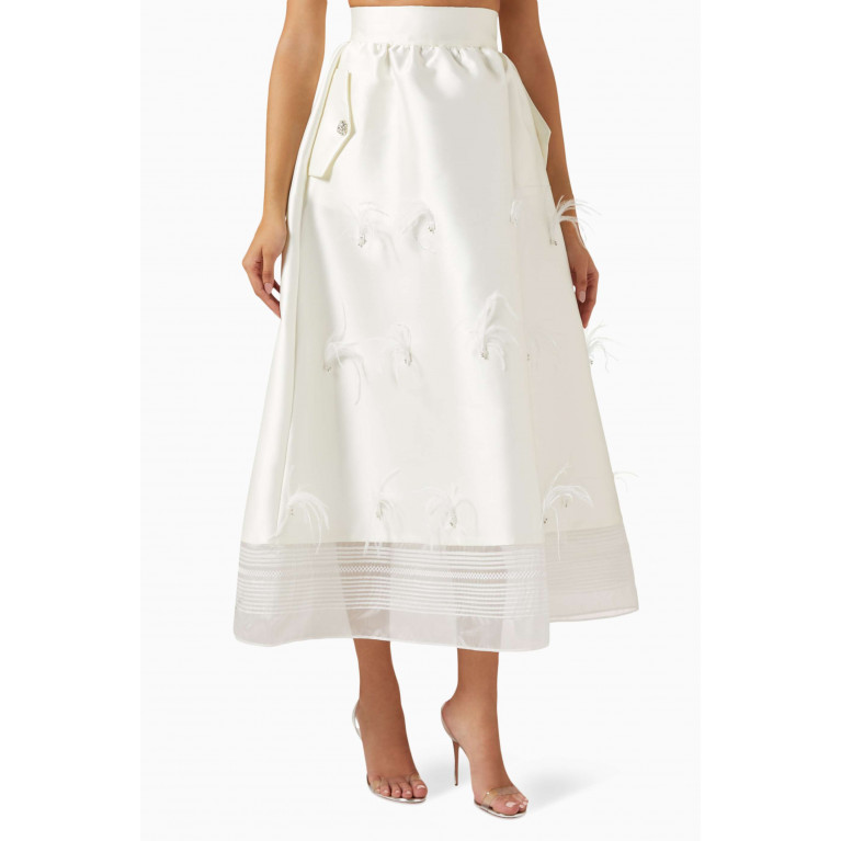 Gizia - Feather-embellished Midi Skirt in Organza White
