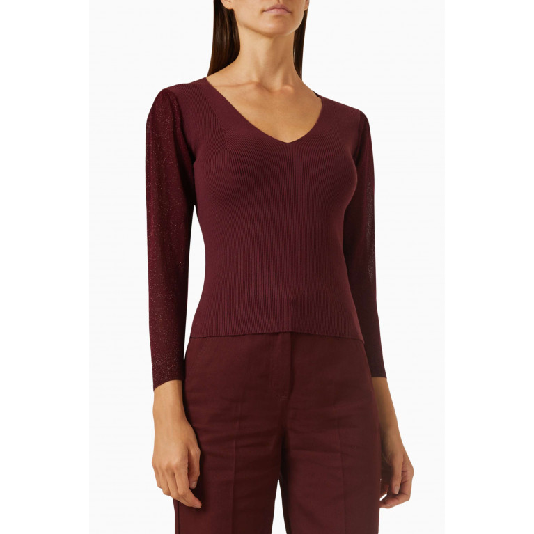 Marella - Moneta V-neck Sweater in Ribbed-knit Burgundy