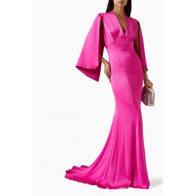 NASS - Cape-style Sleeves Maxi Dress in Satin Pink
