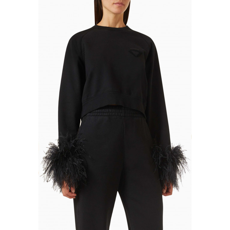 Prada - Feather-trimmed Sweatshirt in Cotton-fleece Black