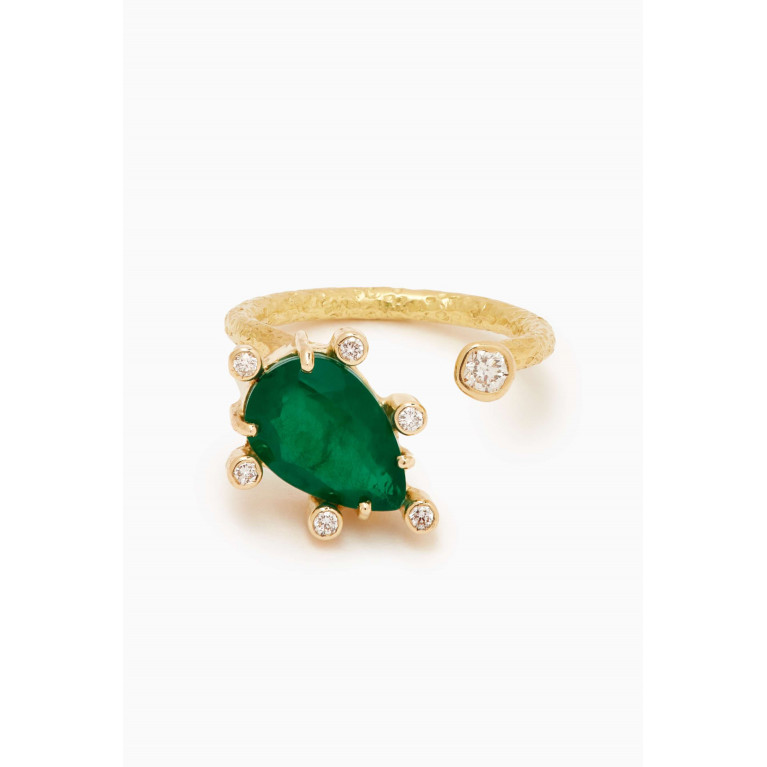 Dima Jewellery - Pear-cut Emerald & Diamond Open Ring in 18kt Yellow Gold