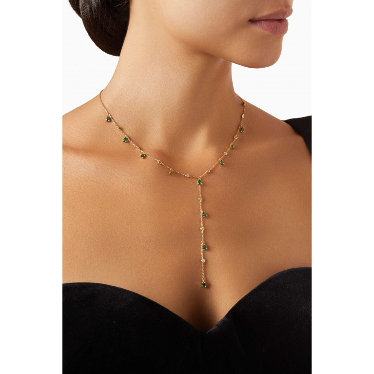 Dima Jewellery - Pear-cut Emerald & Diamond Lariat Necklace in 18kt Yellow Gold