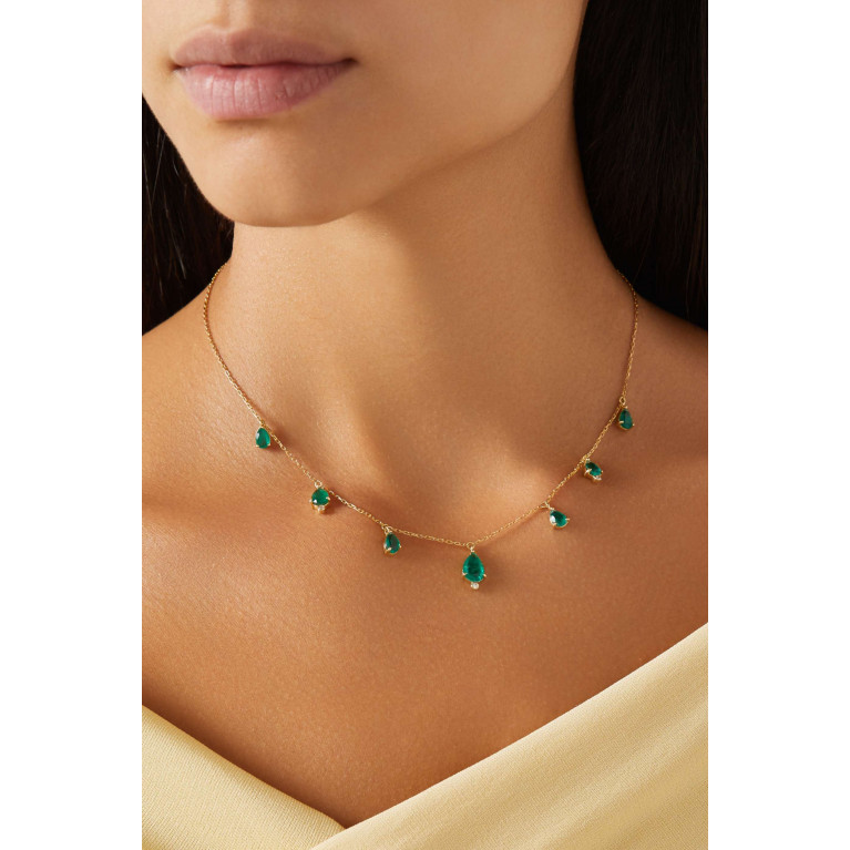 Dima Jewellery - Pear-cut Emerald & Diamond Necklace in 18kt Yellow Gold