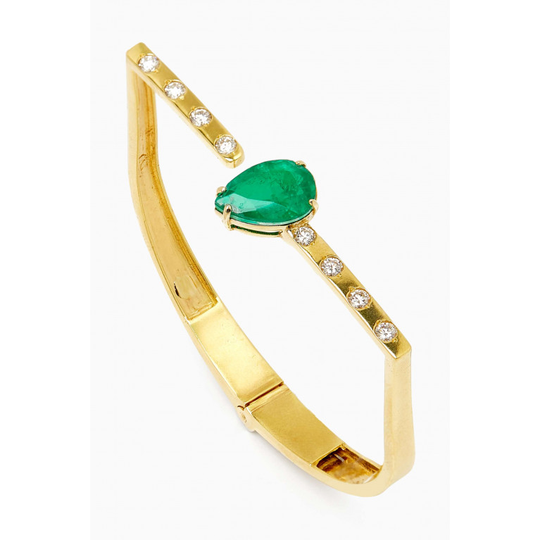 Dima Jewellery - Pear-cut Emerald & Diamond Open Bangle in 18kt Gold