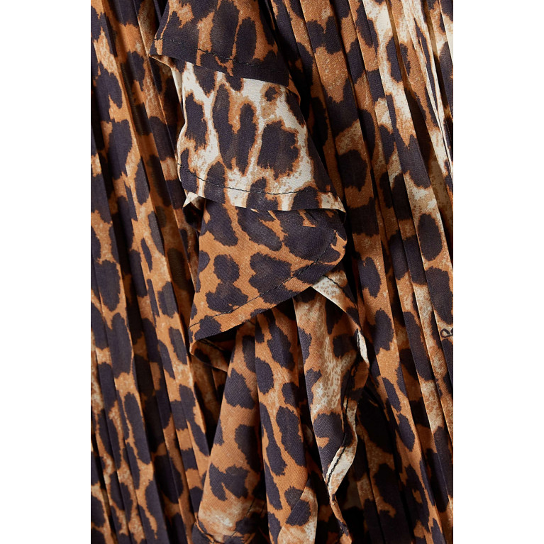 Ganni - Leopard-print Flounce Midi Skirt in Pleated Georgette