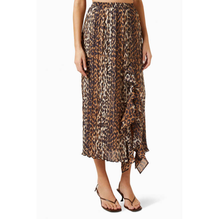 Ganni - Leopard-print Flounce Midi Skirt in Pleated Georgette