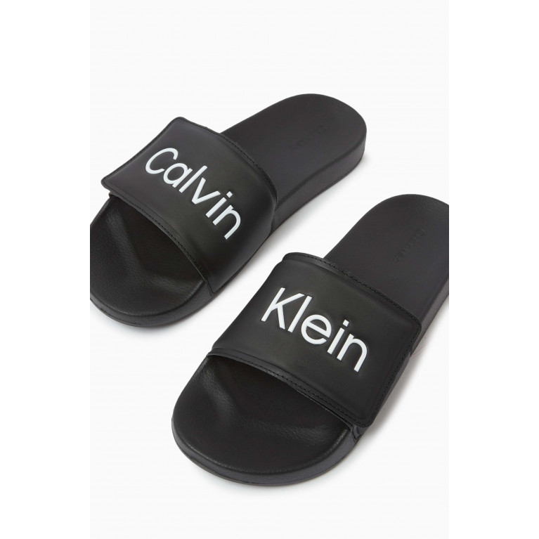 Calvin Klein - Logo Pool Slides in Faux Leather Black