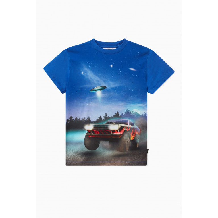 Molo - UFO and Car print T-shirt in Organic Cotton Blue