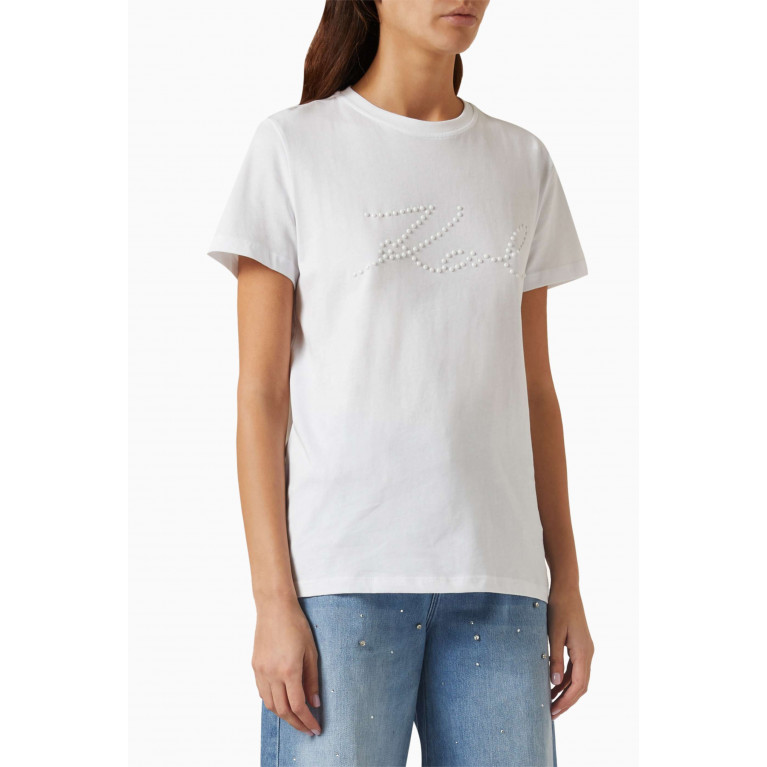 Karl Lagerfeld - Pearl-logo Embellished T-shirt in Organic Cotton-jersey