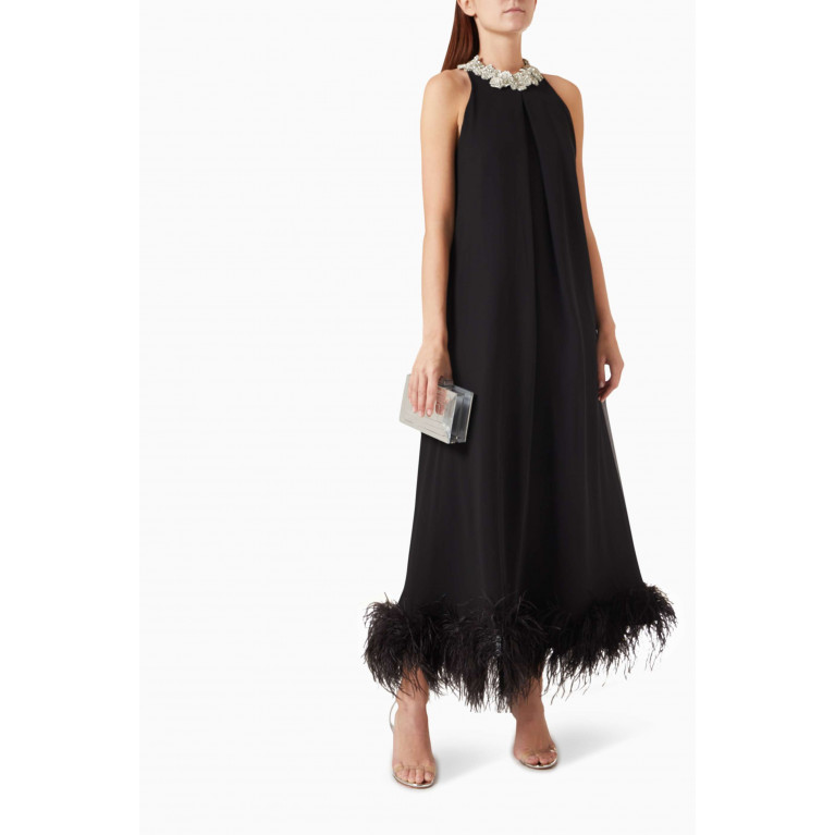 Nihan Peker - Crystal-embellished Feather Maxi Dress in Chiffon