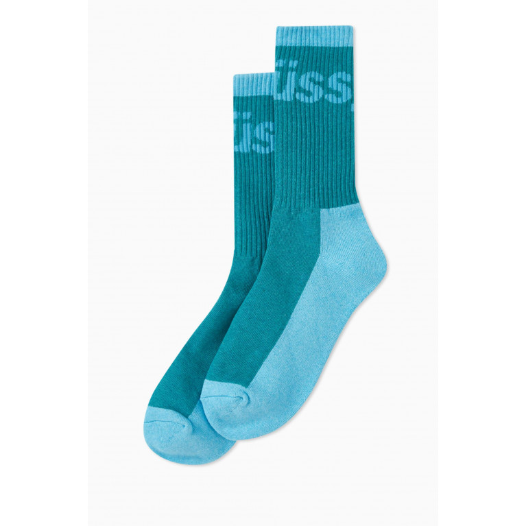 Stussy - Logo Jacquard Trail Crew Socks in Cotton-blend Blue