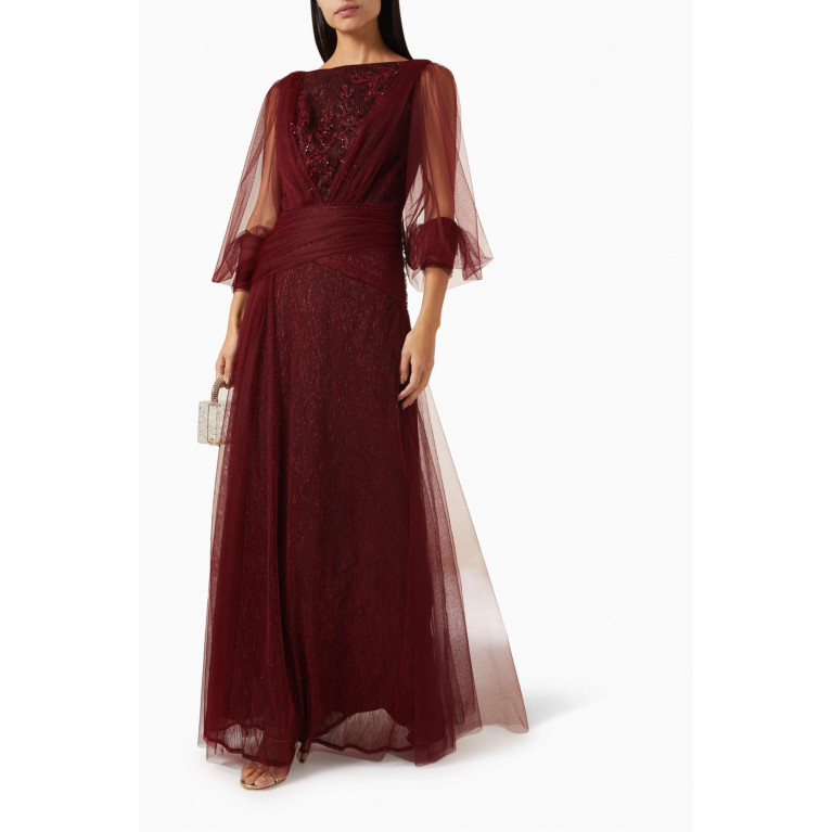 NASS - Bead-embellished Maxi Dress in Tulle Burgundy