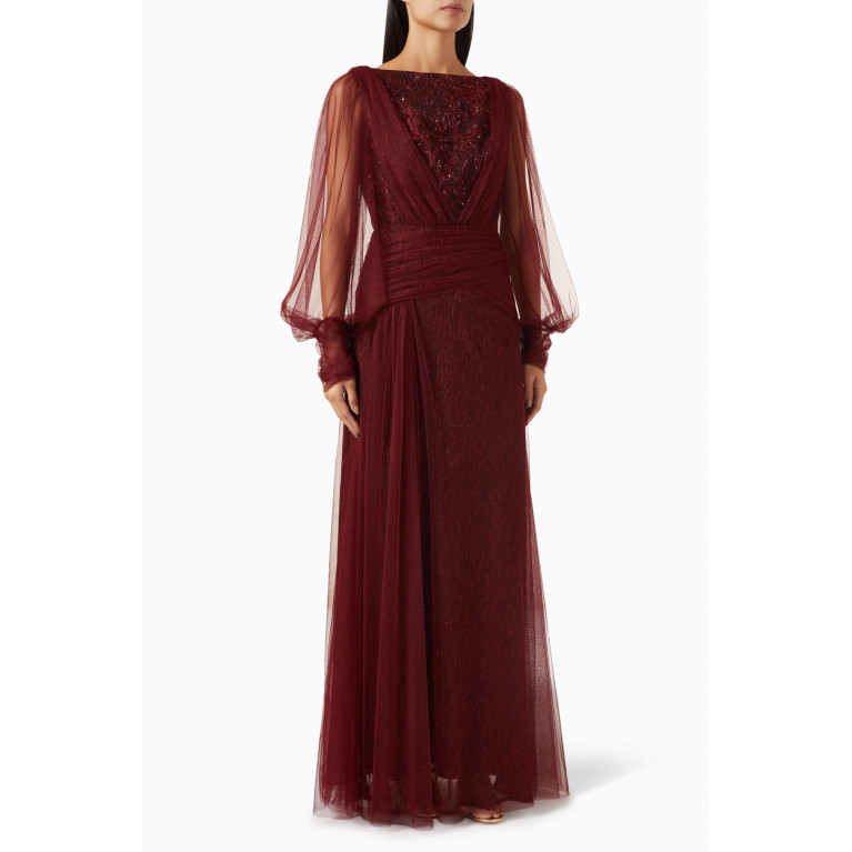 NASS - Bead-embellished Maxi Dress in Tulle Burgundy