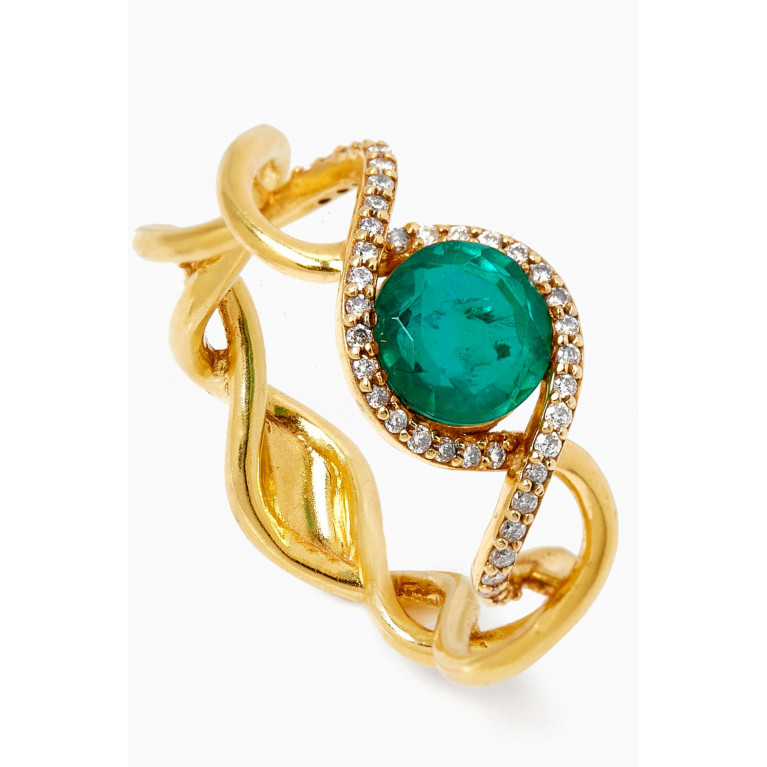 Dima Jewellery - Pave Diamond & Emerald Intertwined Ring in 18kt Yellow Gold