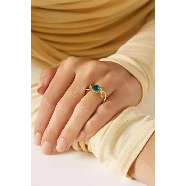 Dima Jewellery - Pave Diamond & Emerald Intertwined Ring in 18kt Yellow Gold